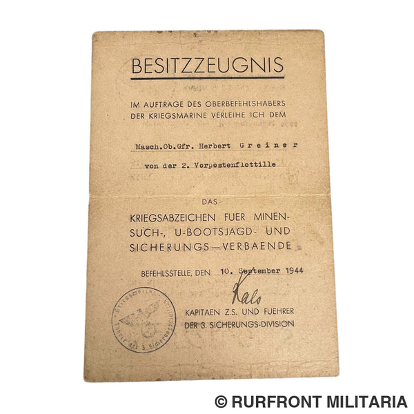 Besitzzeugnis Minensucherabzeichen Gesigneerd Door ‘Ridderkruisdrager’ Kals. Besitzzeugnis Minensucherabzeichen Gesigneerd Door ‘Ridderkruisdrager’ Kals.