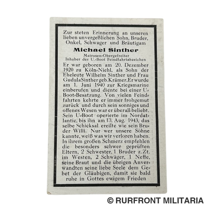 Bidprentje Kriegsmarine U-Boot U-117 Michael Sinther