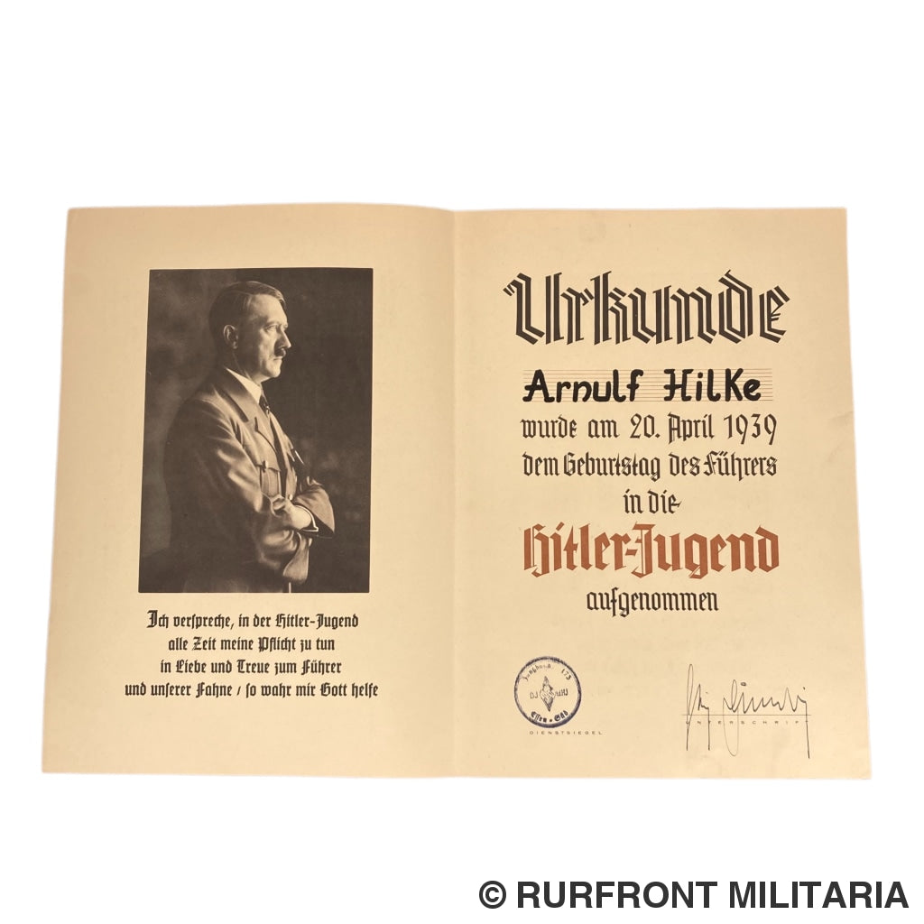 Hj Aufnahme Urkunde 20 April 1939 – Rurfront Militaria