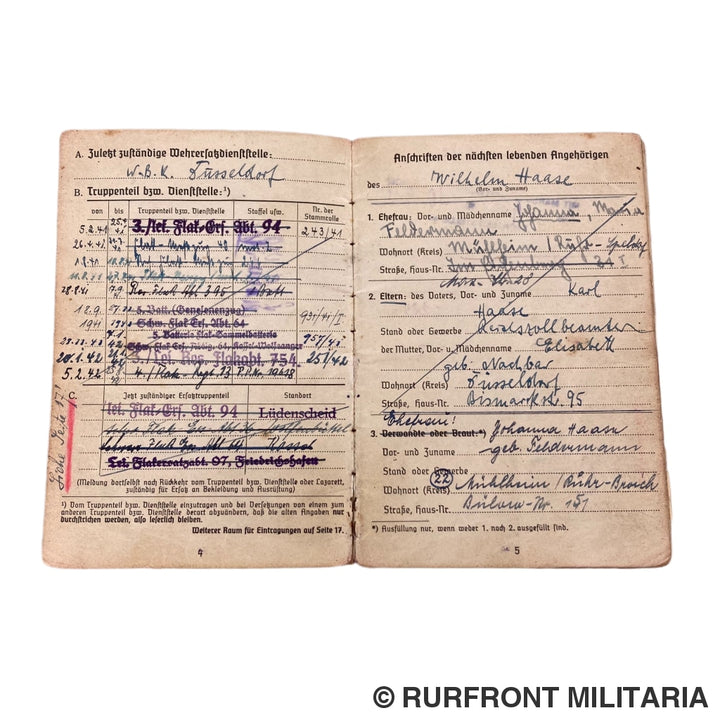 Luftwaffe Soldbuch Kanonier Wilhelm Haase