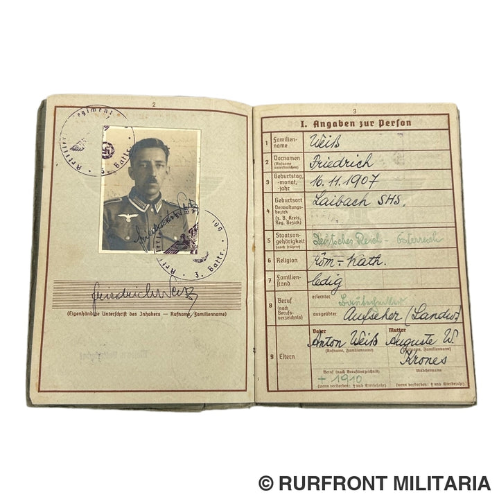 Wehrpass Wehrmacht Artillerie Stabswachtmeister Friedrich Weiß