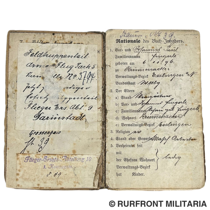 Wo1 Duits soldbuch fliegertruppe Paul Johannes Fingerle
