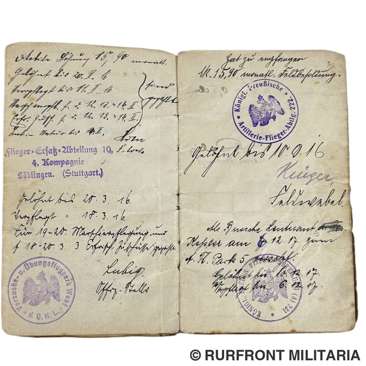 Wo1 Duits soldbuch fliegertruppe Paul Johannes Fingerle