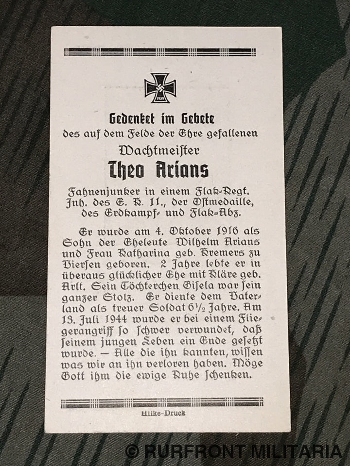 Death Card Luftwaffe Flak Wachtmeister Theo Arians Normandië.
