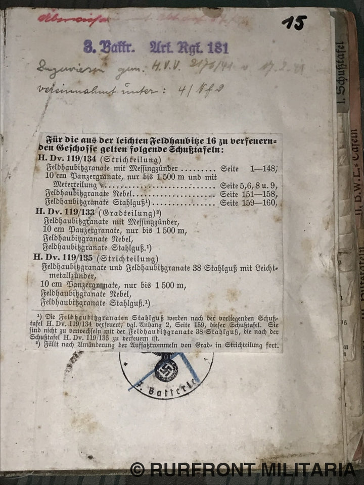 Hdv. 119/134 Schusstafel Für Die Leichte Feldhaubitze 16 Artillerie Regiment 181