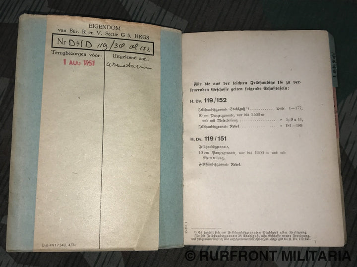 Hdv. 119/152 Schusstafel Für Die Leichte Feldhaubitze 18.