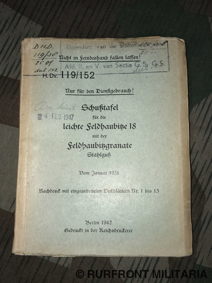 Hdv. 119/152 Schusstafel Für Die Leichte Feldhaubitze 18.