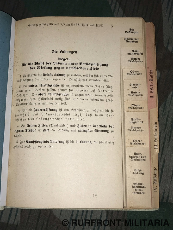 Hdv. 119/223 Schusstafel Für Das Gebirgsgeschütz 36.
