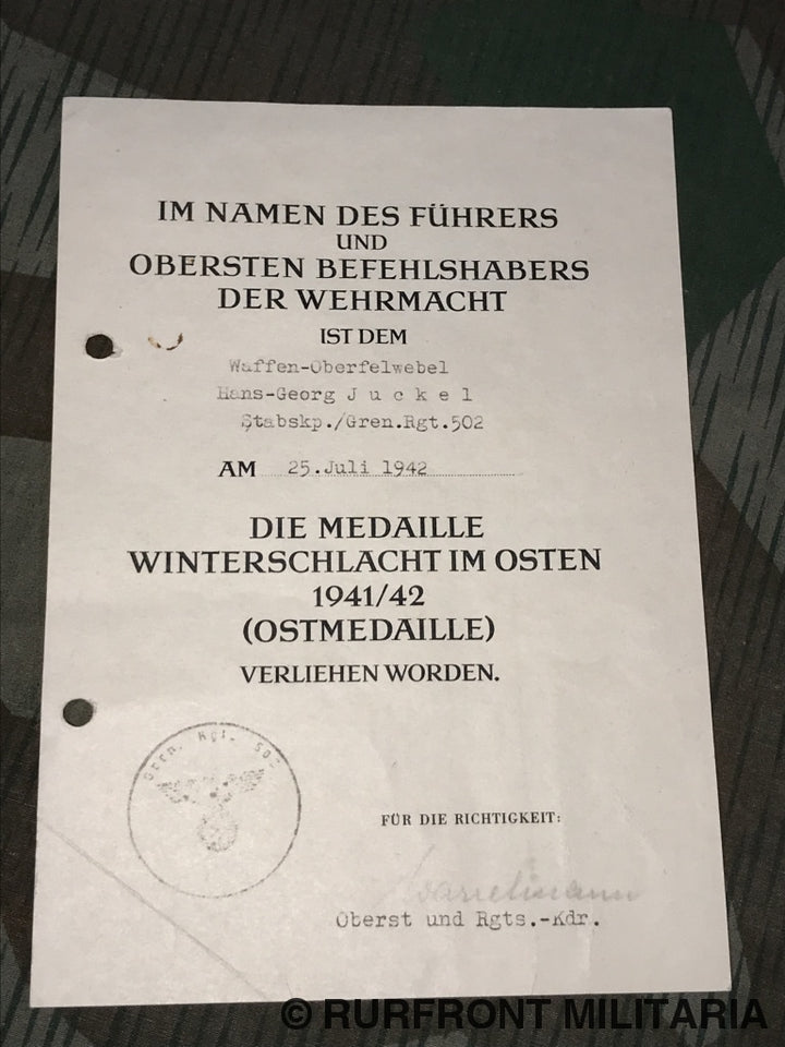 Oorkondeset Hans-Georg Juckel Grenadier Regiment 502/ 290 Infanterie Division.