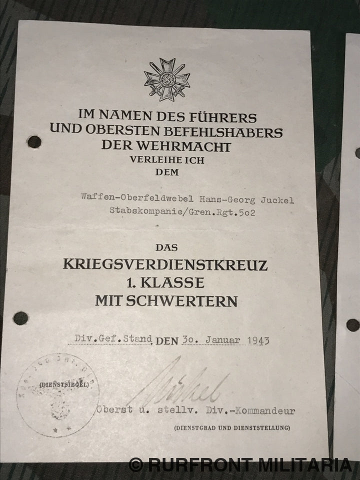 Oorkondeset Hans-Georg Juckel Grenadier Regiment 502/ 290 Infanterie Division.