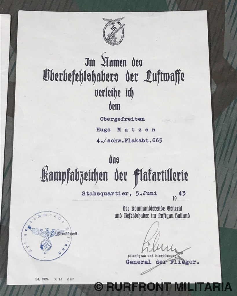 Certificate set Hugo Matzen Luftgau Holland Rotterdam. – Rurfront Militaria