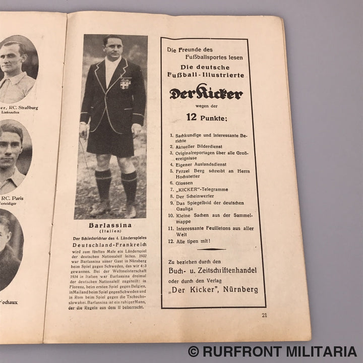 Programmaboekje Voetbal Interland Duitsland-Frankrijk 21 Maart 1937.