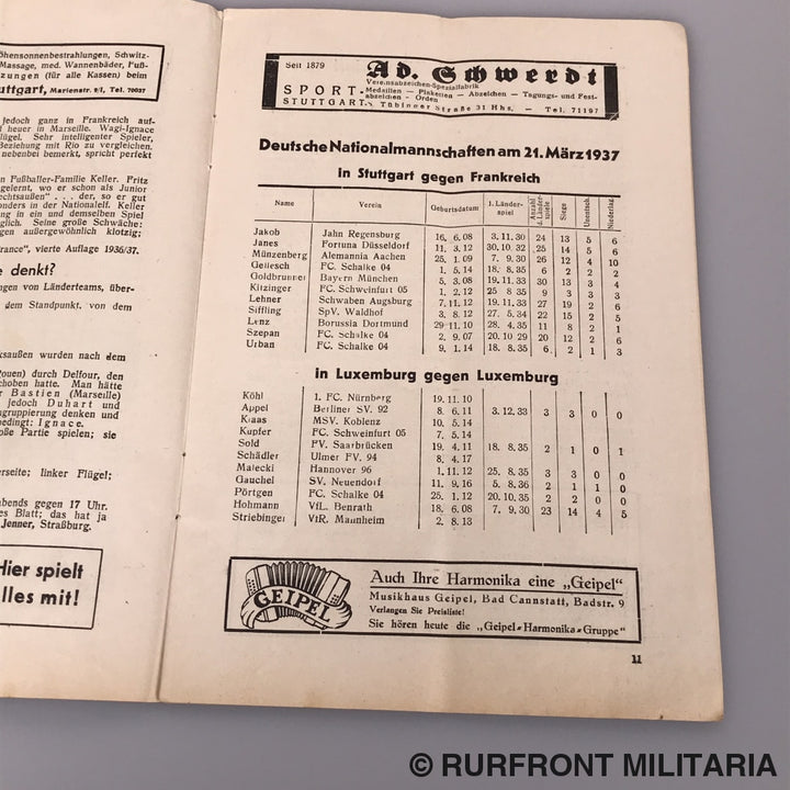 Programmaboekje Voetbal Interland Duitsland-Frankrijk 21 Maart 1937.