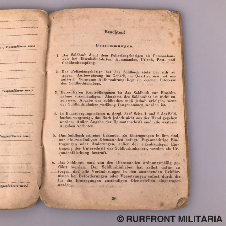 Soldbuch Oberwachtmeister Wilhelm Zick (Ss) Luftschutzpolizei Danzig.