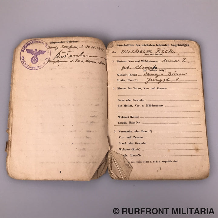 Soldbuch Oberwachtmeister Wilhelm Zick (Ss) Luftschutzpolizei Danzig.