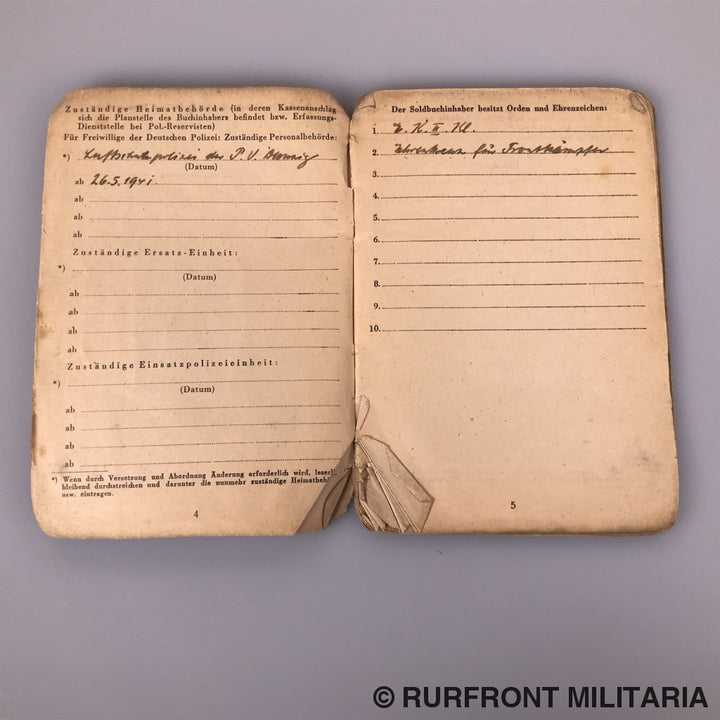 Soldbuch Oberwachtmeister Wilhelm Zick (Ss) Luftschutzpolizei Danzig.