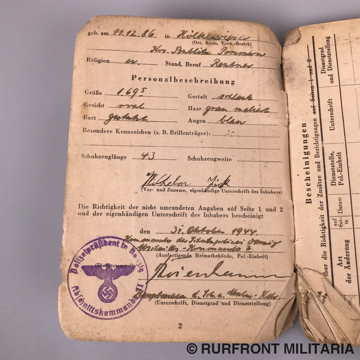 Soldbuch Oberwachtmeister Wilhelm Zick (Ss) Luftschutzpolizei Danzig.