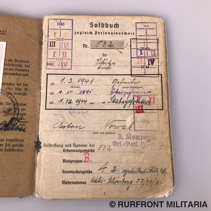 Soldbuch Stabsgefreiter Anton Nowak Luftwaffe Flak