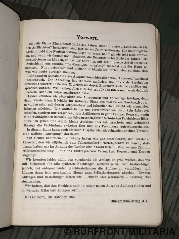 Taschenbuch Für Den Artilleristen Rheinmetall Borsig 1936.