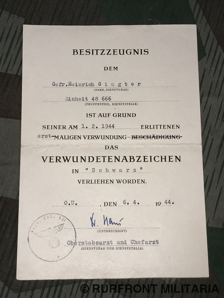 Verwundeten Abzeichen Zwart Met Zakje En Oorkonde Grenadier Regiment 67.