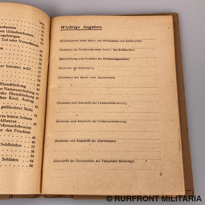 Wegweiser Für Den Soldaten Und Seine Angehörigen In Allen Lebenslagen 1943.