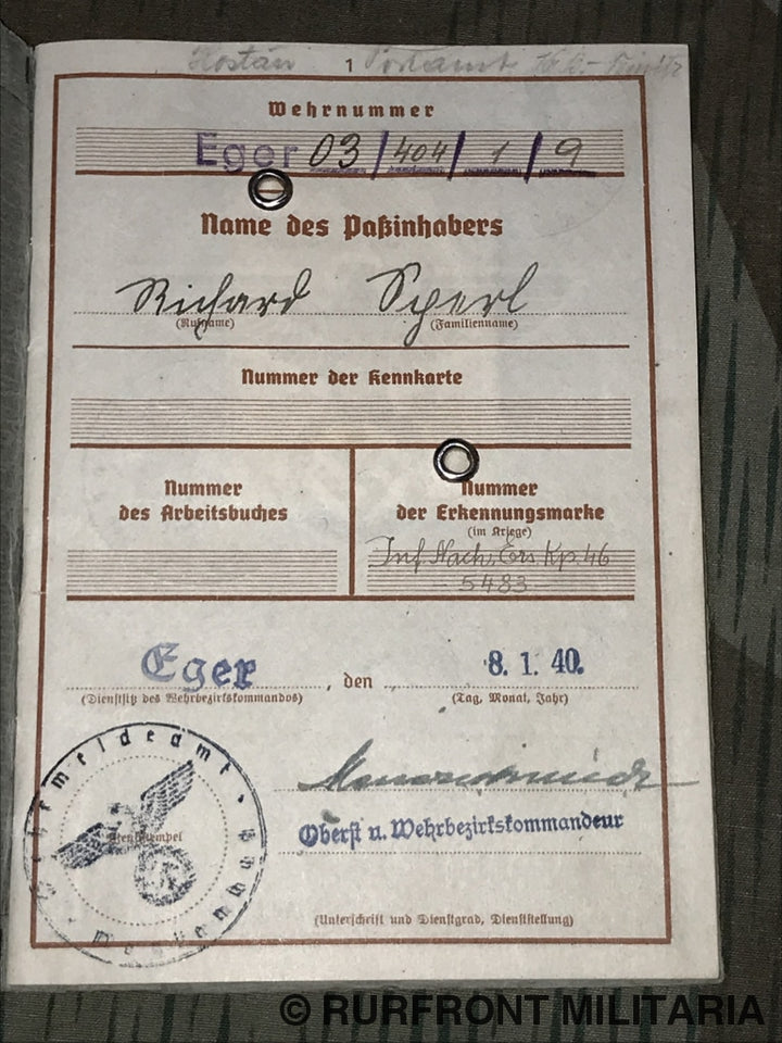 Wehrpass Funker Richard Sperl Infanterie Nachrichten Ersatz Kompanie 46 Praag.