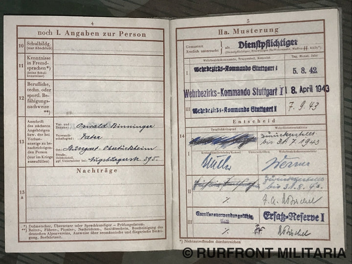 Wehrpass Gefreiten Oswald Binninger Grenadier.