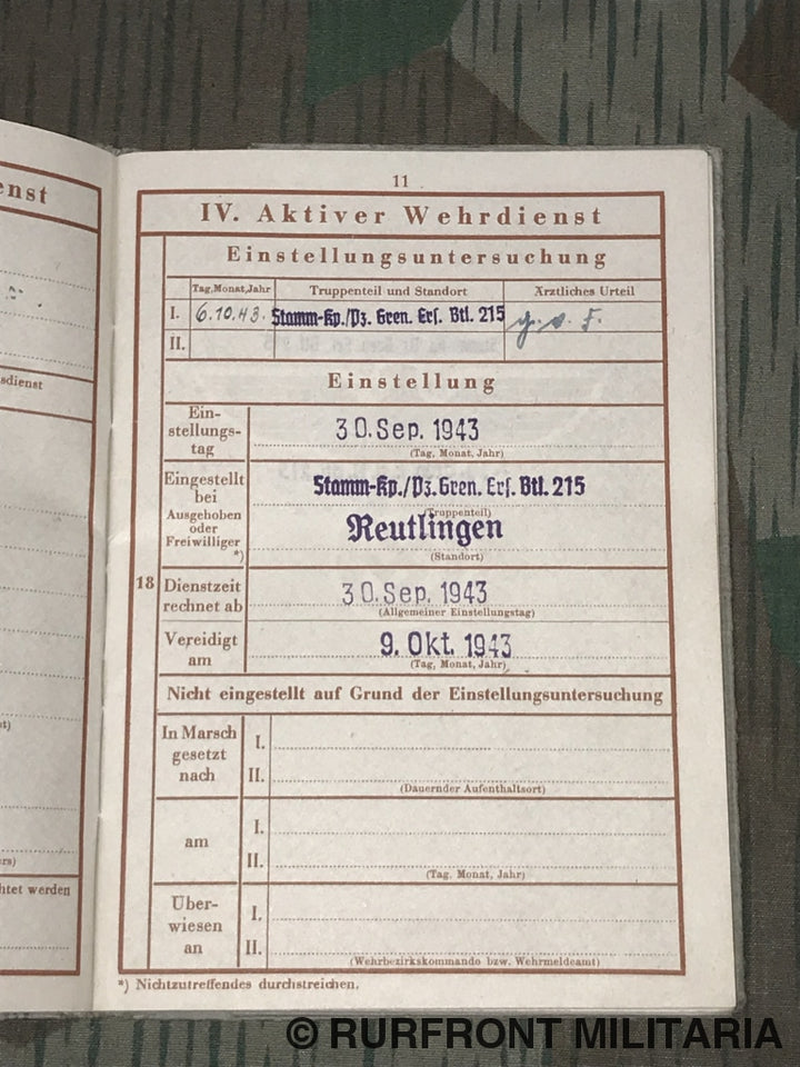 Wehrpass Gefreiten Oswald Binninger Grenadier.