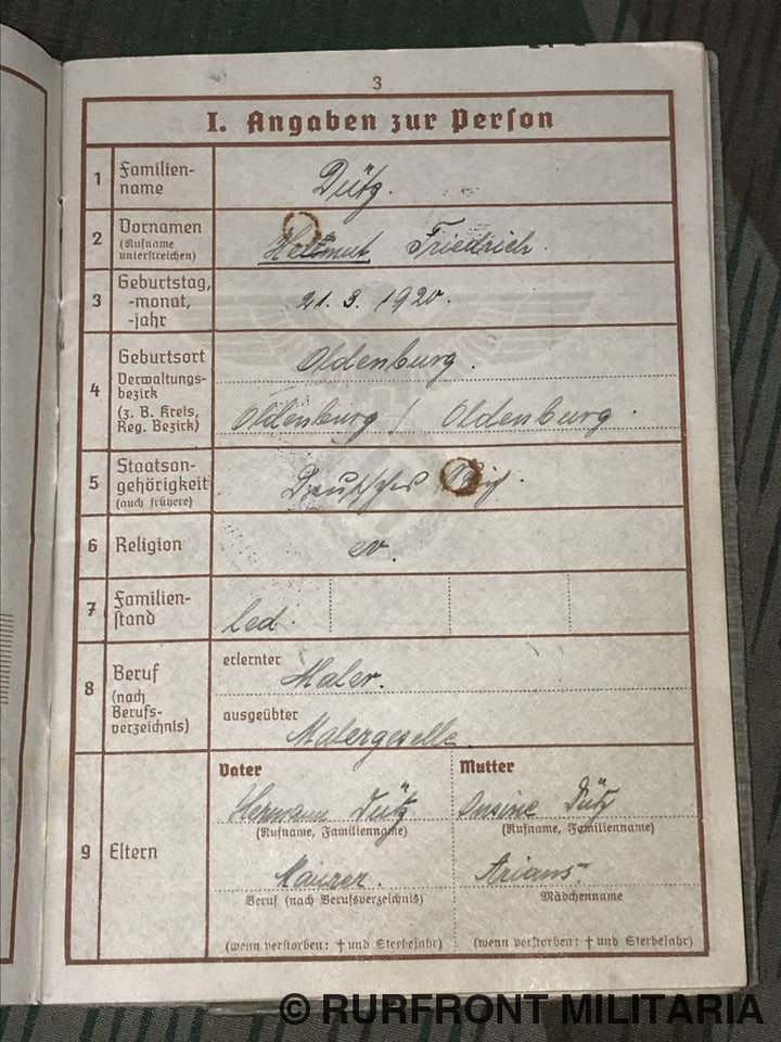 Wehrpass Helmut Dütz Fallschirmjäger Westfront Nederland Reichswald.
