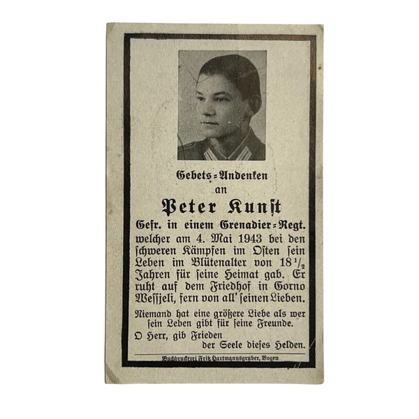 BIDPRENT GEFREITER PETER KUNST K.I.A. OSTFRONT 1943