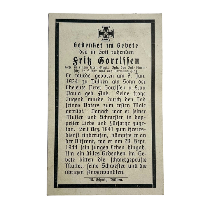 BIDPRENT FRITZ GORRISSEN Dülken GRENADIER REGIMENT INFANTERIE-STURMABZEICHEN K.I.A. 1944