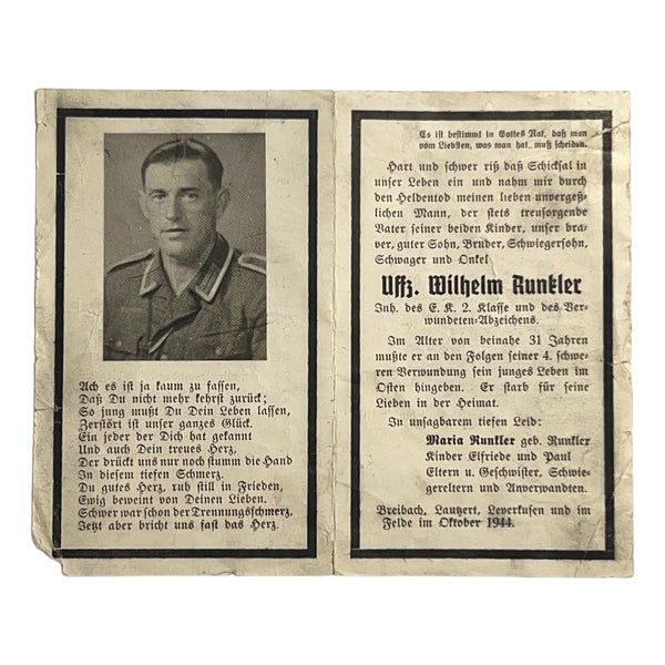 BIDPRENT UNTEROFFIZIER WILHELM RUNKLER K.I.A. OSTFRONT 1944