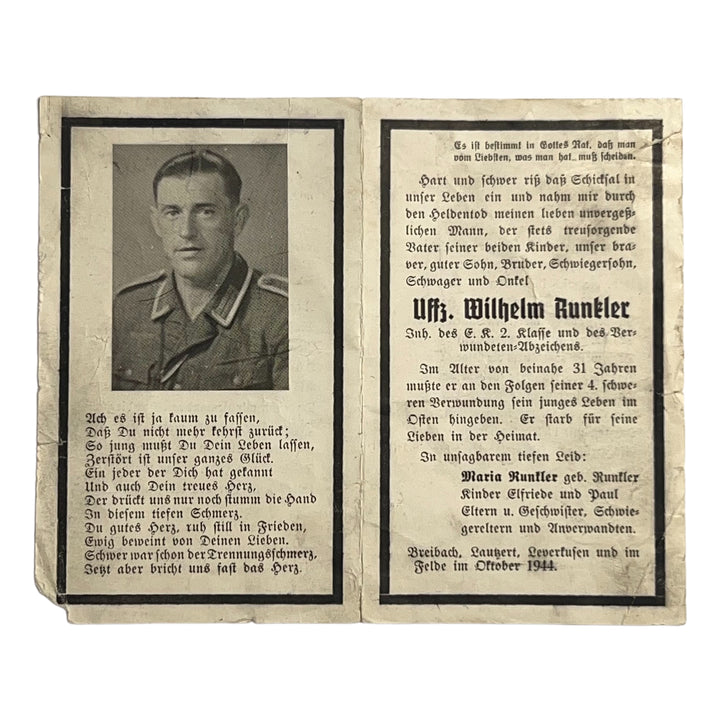 BIDPRENT UNTEROFFIZIER WILHELM RUNKLER K.I.A. OSTFRONT 1944