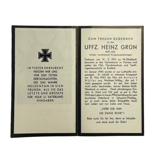 BIDPRENT UNTEROFFIZIER HEINZ GRÜN (M.GLADBACH) LUFTWAFFE K.I.A. DUITSLAND 1945