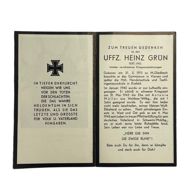 BIDPRENT UNTEROFFIZIER HEINZ GRÜN (M.GLADBACH) LUFTWAFFE K.I.A. DUITSLAND 1945