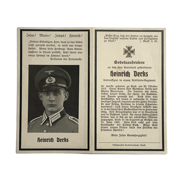 BIDPRENT HEINRICH DERKS ARTILLERIE REGIMENT DIED IN HOSPITAL 1942
