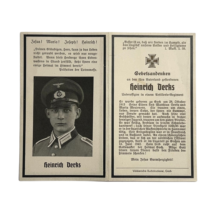 BIDPRENT HEINRICH DERKS ARTILLERIE REGIMENT DIED IN HOSPITAL 1942