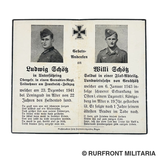 Bidprent 2 broers Ludwig & Willi Schötz Leningrad/Ostfront