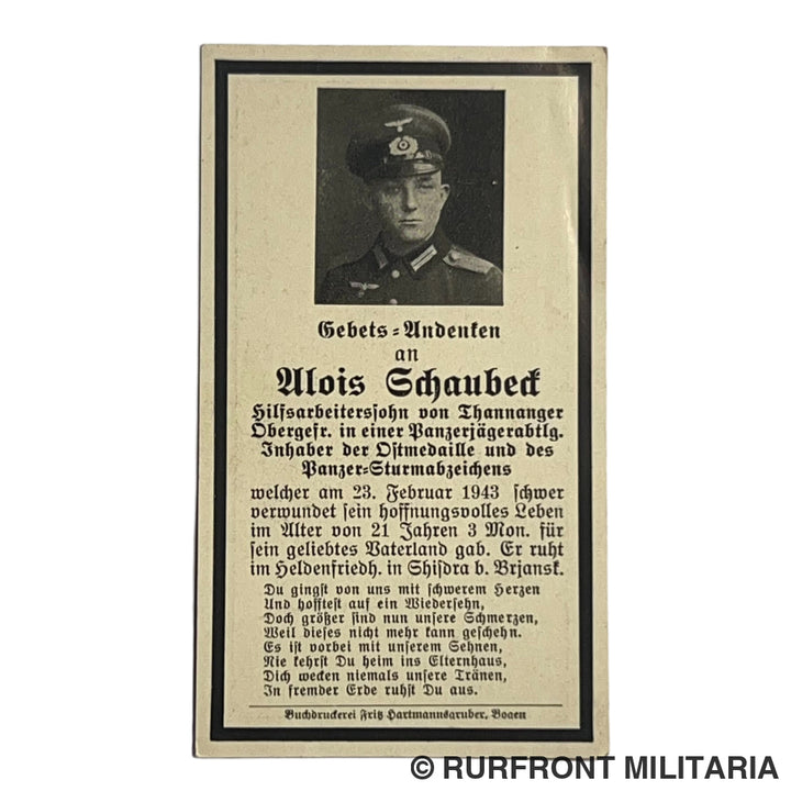 BIDPRENT ALOIS SCHAUBECK (THANNANGER) PANZERJÄGERABTLG. 1943