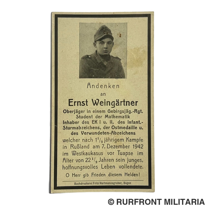 BIDPRENT ERNST WEINGÄRTNER (HAIBACH) GEBIRGSJÄGER K.I.A. WESTKAUKASUS 1942