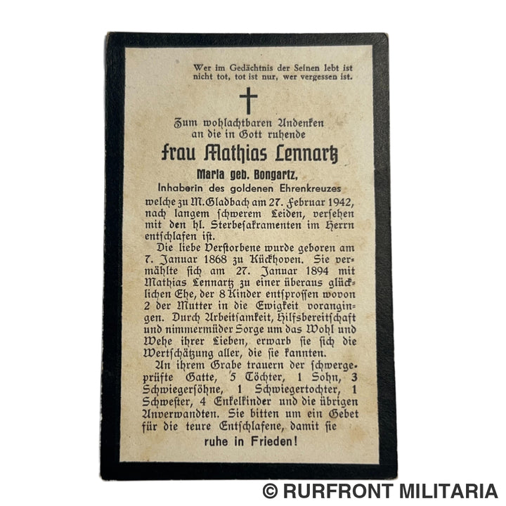 BIDPRENT FRAU MATHIAS LENNARTZ MARIA BONGARTZ MÖNCHENGLADBACH 1942 Mutterkreuz Goud