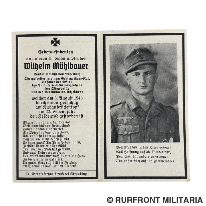 Bidprent gebirgsjäger Wilhelm Mühlbauer KiA 1943 Kuban