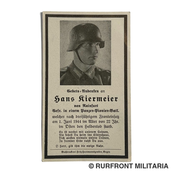 BIDPRENT GEFREITER HANS KIERMEIER (RAINFURT) PANZER-PIONIER K.I.A. OSTFRONT 1944