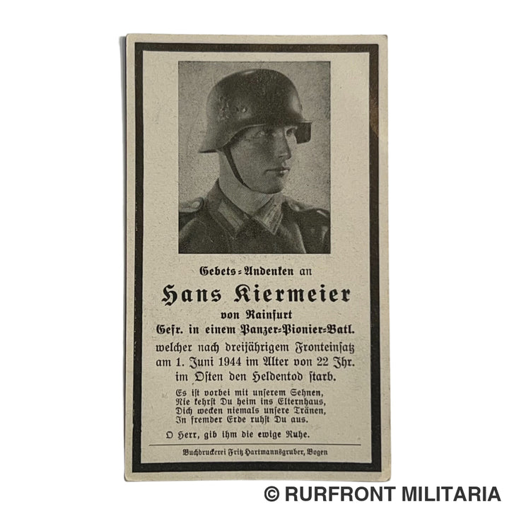BIDPRENT GEFREITER HANS KIERMEIER (RAINFURT) PANZER-PIONIER K.I.A. OSTFRONT 1944