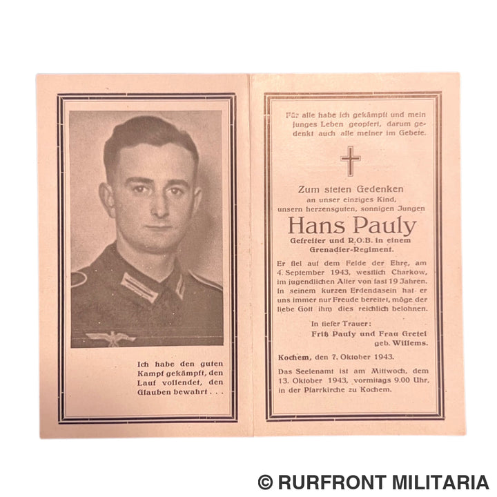 BIDPRENT HANS PAULY GRENADIER REGIMENT K.I.A. OSTFRONT 1943
