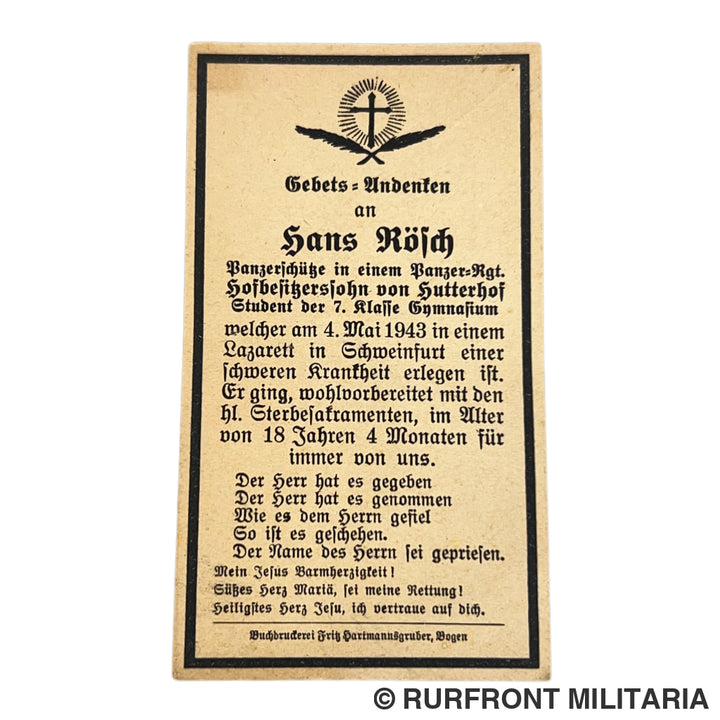Bidprent Hans Rösch Panzerschütze