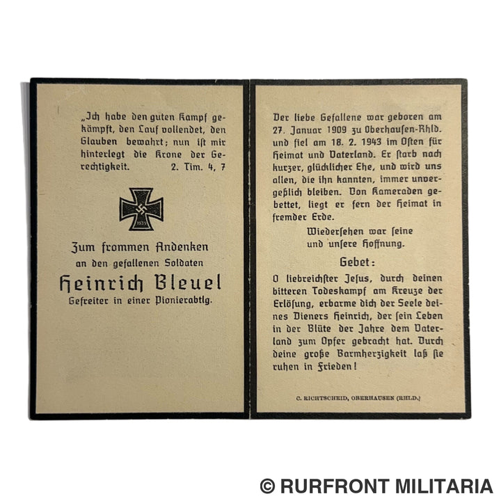 BIDPRENT HEINRICH BLEUEL PIONIER ABTEILUNG K.I.A. OSTFRONT 1943