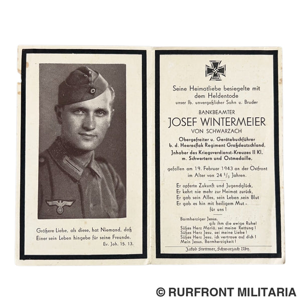 Bidprent Josef Wintermeier Flak reg. Grossdeutschland K.i.a. Ostfront 1943