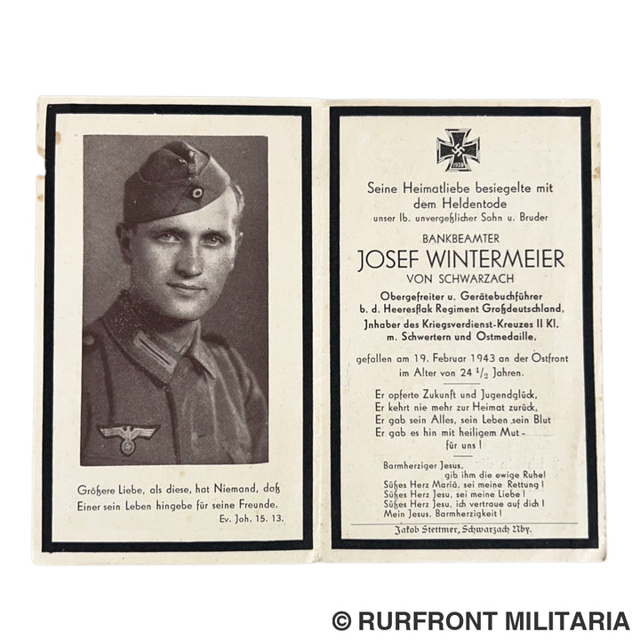 Bidprent Josef Wintermeier Flak reg. Grossdeutschland K.i.a. Ostfront 1943