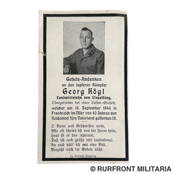 Bidprent luftwaffe Georg Kögl KiA France september 1944
